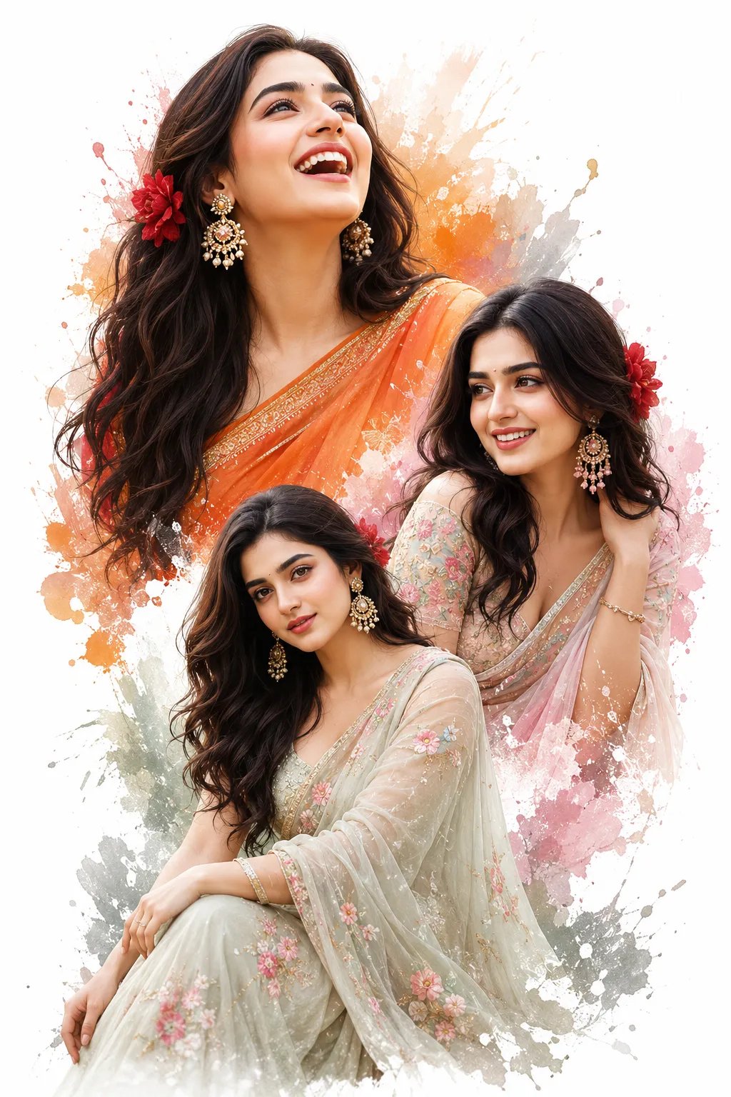 A A beautiful Indian woman collage poster on a clean white background, featuring three elegant portrait poses with artistic paint splash
