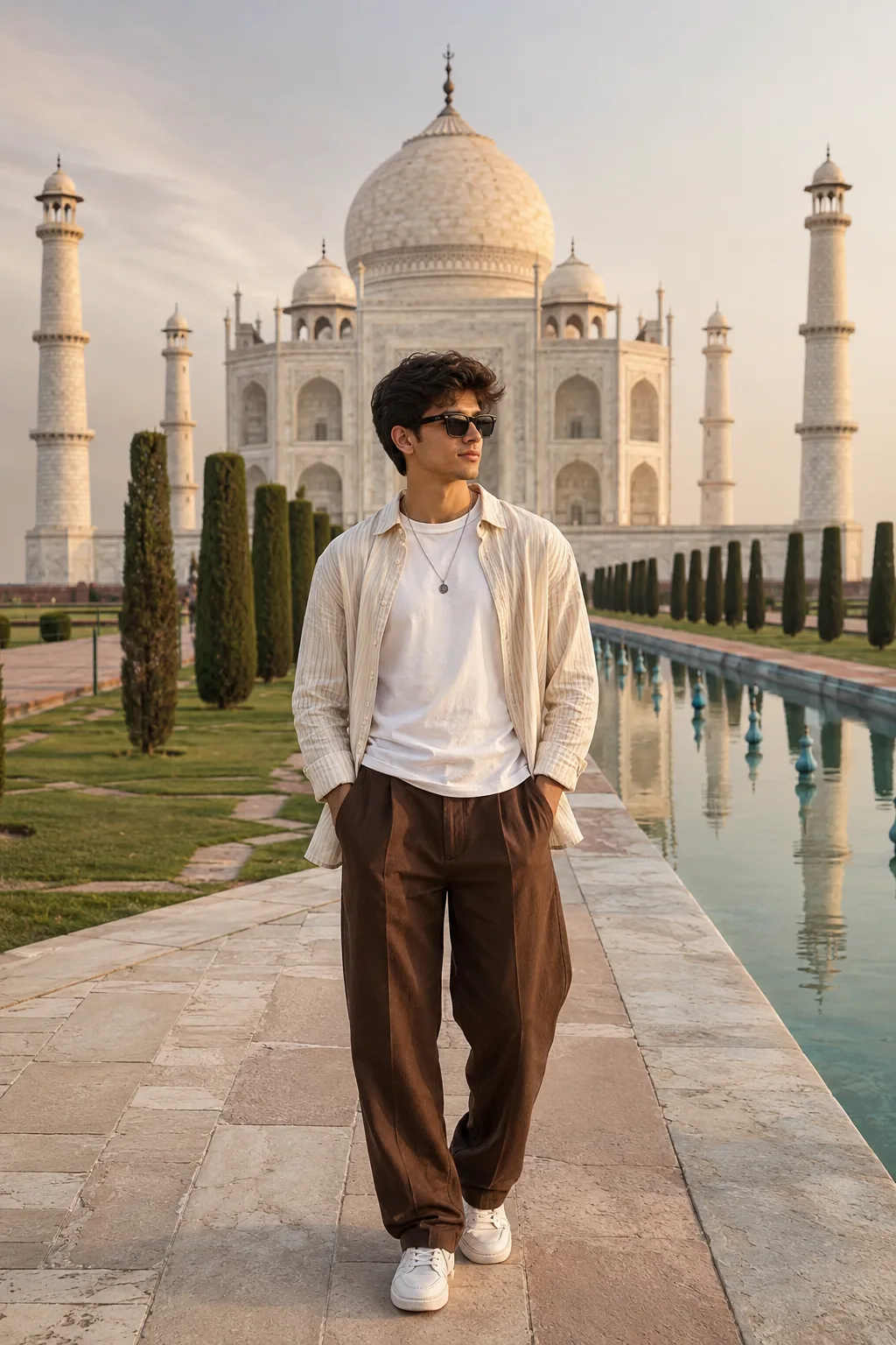 A stylish young male traveler walking confidently on the iconic marble pathway of the Taj Mahal, wearing an oversized ivory striped linen