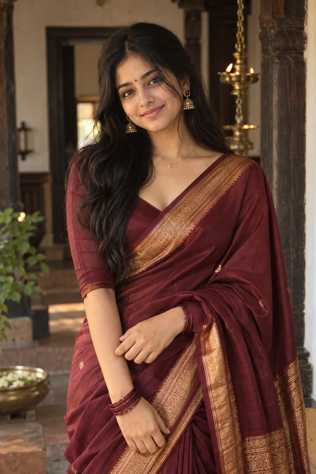 Ultra-realistic high-resolution South Indian traditional fashion portrait of a young woman, closely matching the reference image.