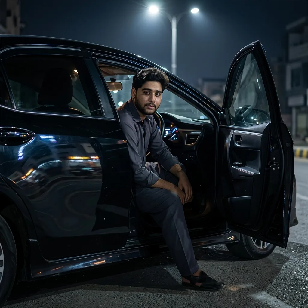 A high-end cinematic midnight photoshoot of a young man sitting in the driver seat of a Pakistani-spec Right-Hand Drive (RHD) Toyota
