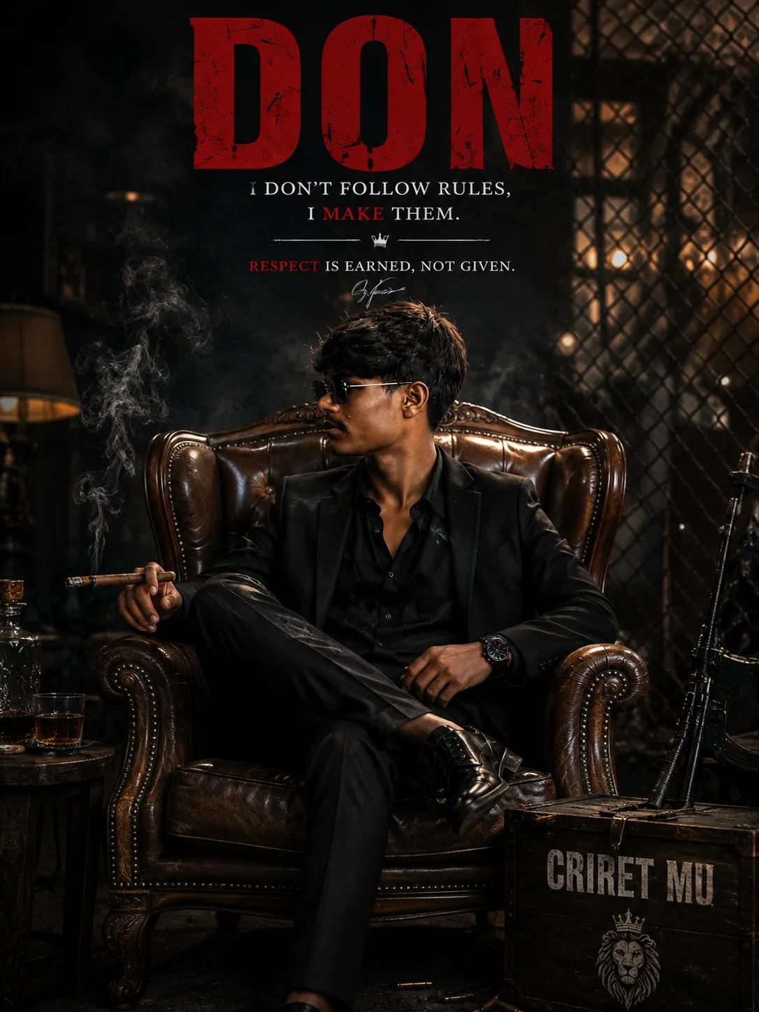 Cinematic Don Poster Prompt Create an ultra-realistic cinematic luxury “DON” character poster featuring a confident young man sitting in a