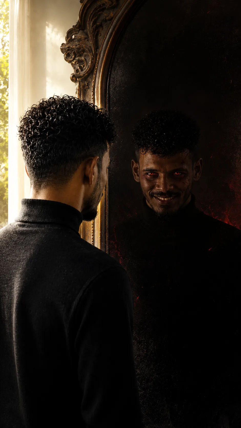 Create an ultra-photorealistic cinematic psychological-thriller portrait using the uploaded reference image as the exact identity