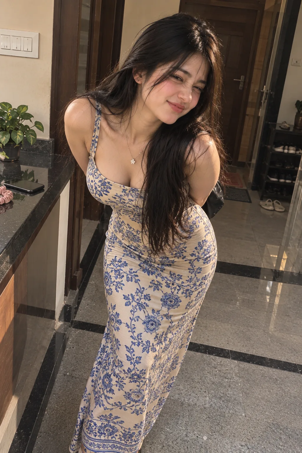 A realistic candid phone-camera photograph of a young Indian woman at home, leaning playfully toward the camera with a mischievous wink and