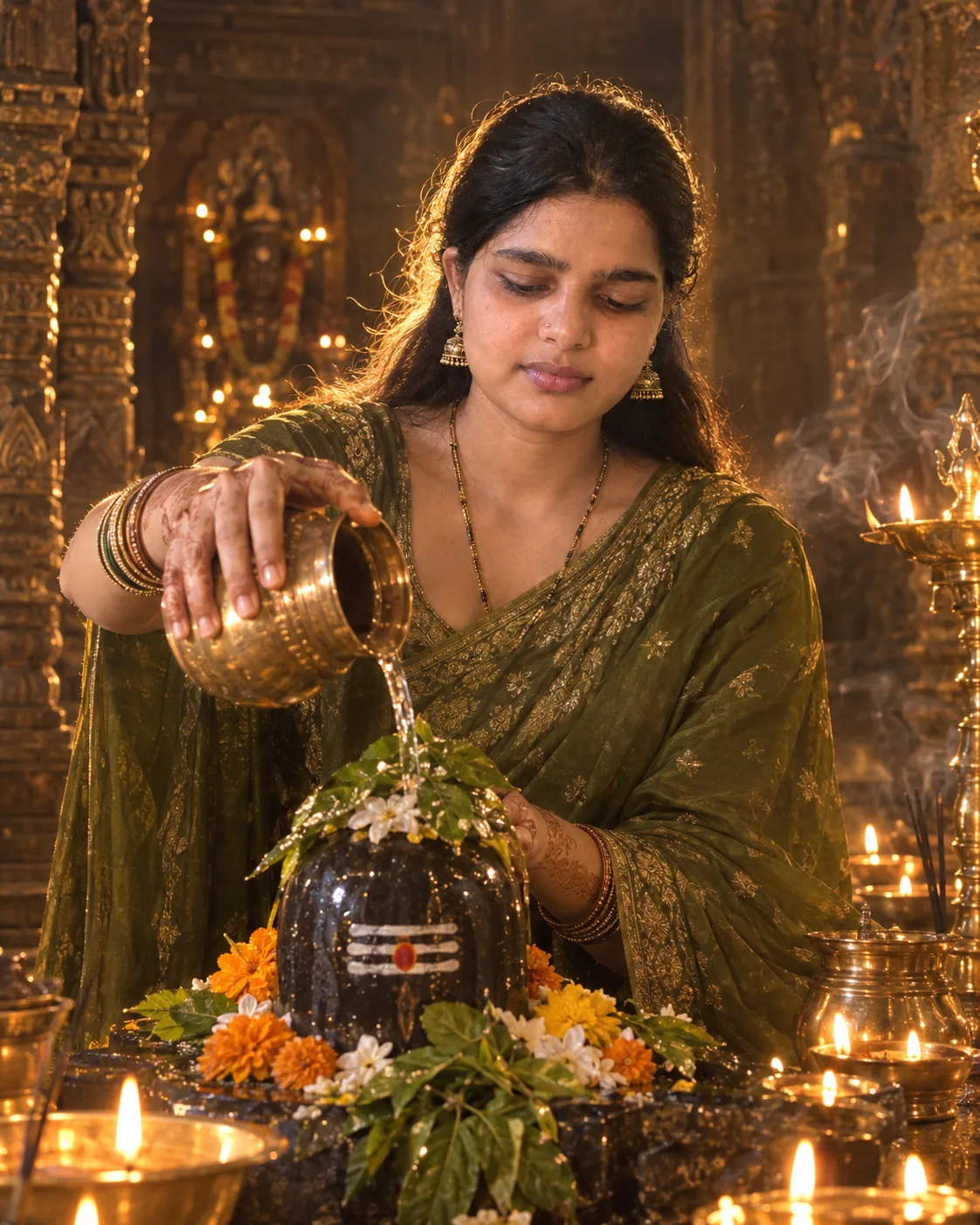 Create a photorealistic cinematic devotional scene inside an ancient Indian stone temple.