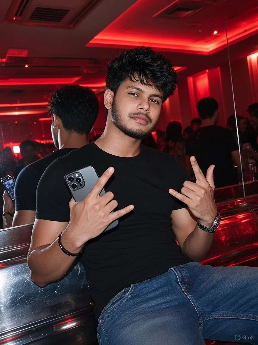 Ultra realistic close-up flash photo of ^ a young man (based on reference photo) in a dark nightclub, his body leaning diagonally to the