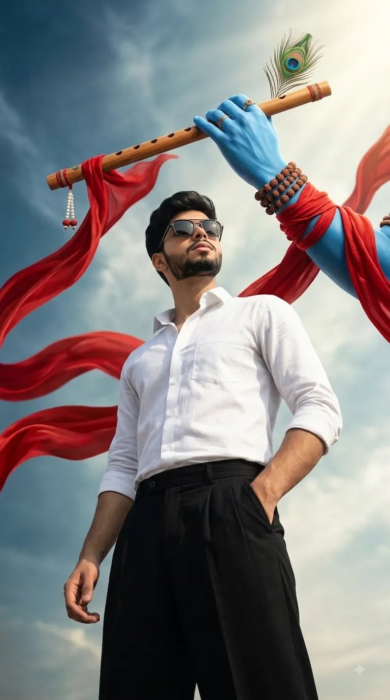 Low-angle dramatic cinematic portrait of a young man with dark hair and sunglasses, wearing a white shirt and black wide-leg pants,