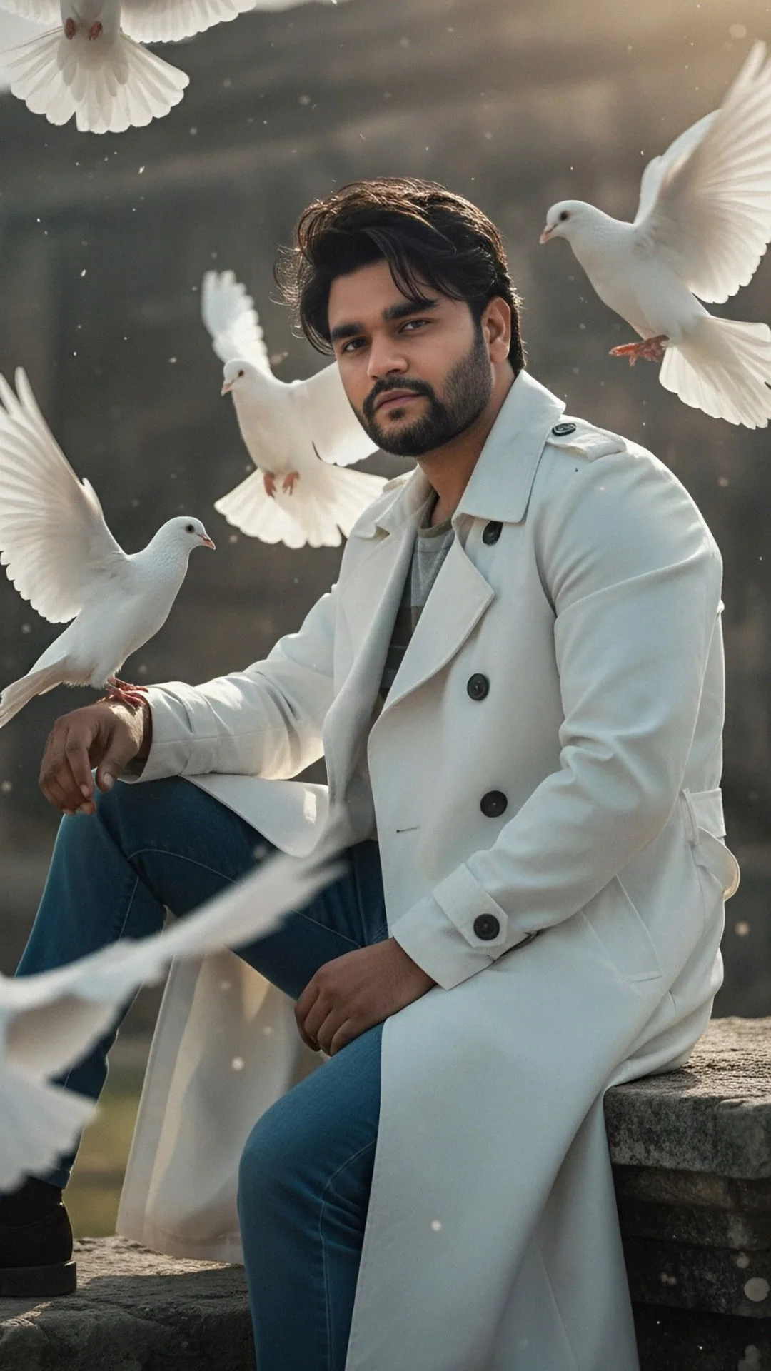 A cinematic, full-length portrait of a handsome South Asian man with styled dark voluminous hair and a well-groomed beard, sitting