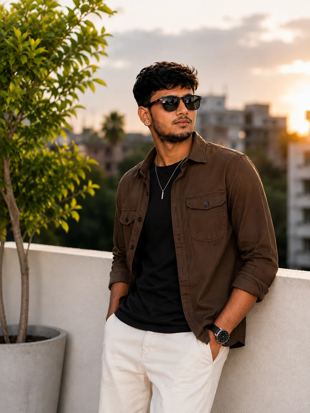 Ultra-realistic 4K cinematic rooftop portrait of a young Indian man, preserving the exact facial features, hairstyle, beard, skin tone,