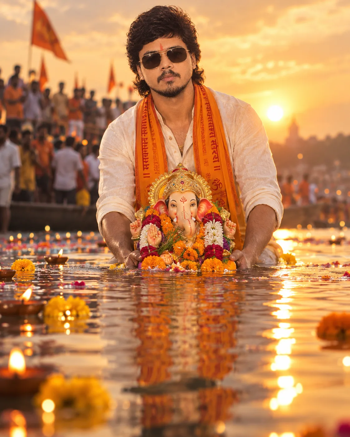 Create an ultra-realistic cinematic devotional portrait of a young Indian man performing Lord Ganesha Visarjan in a sacred river at sunset.