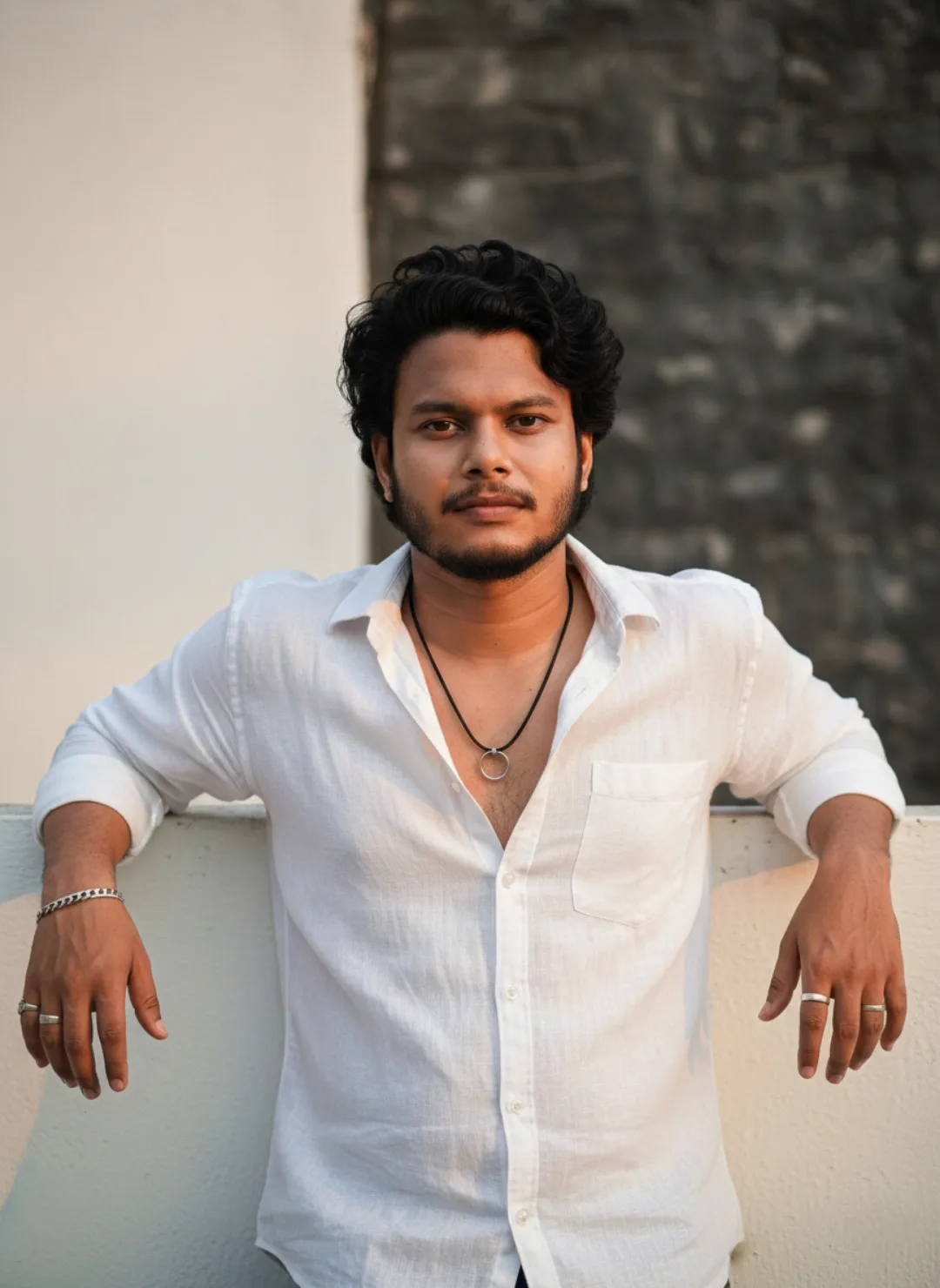 A realistic portrait of a 26-year-old Indian man, height 5 feet 5 inches, with a well-defined jawline, neatly trimmed dark beard, and