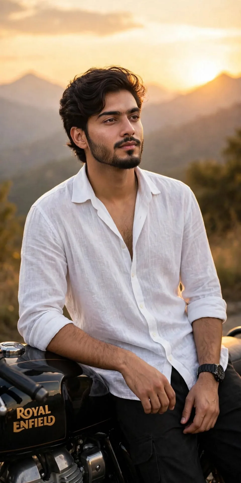 Create a cinematic portrait of a young Indian man with wavy black hair and light beard, wearing a white linen shirt and black cargo pants,