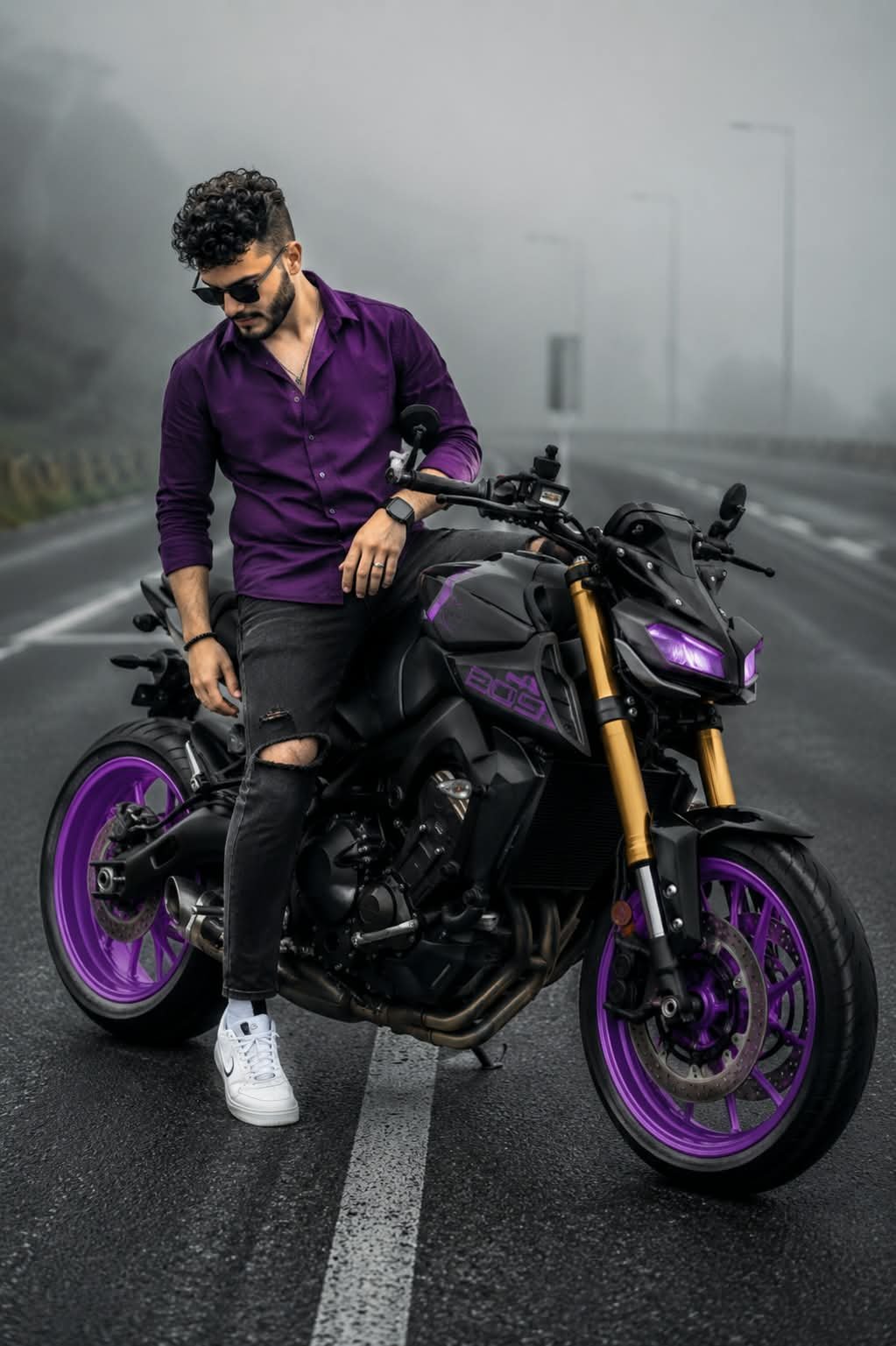 @anand.sandilya2✅ reate a realistic cinematic photo of a 8k hd motorcyclist standing a customized naked sport motorcycle in the middle of