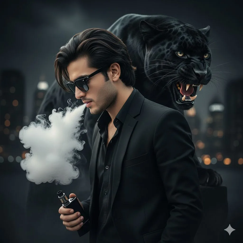 A dark fantasy cinematic portrait of a handsome young man with stylishly messy dark hair and a light stubble beard, wearing black