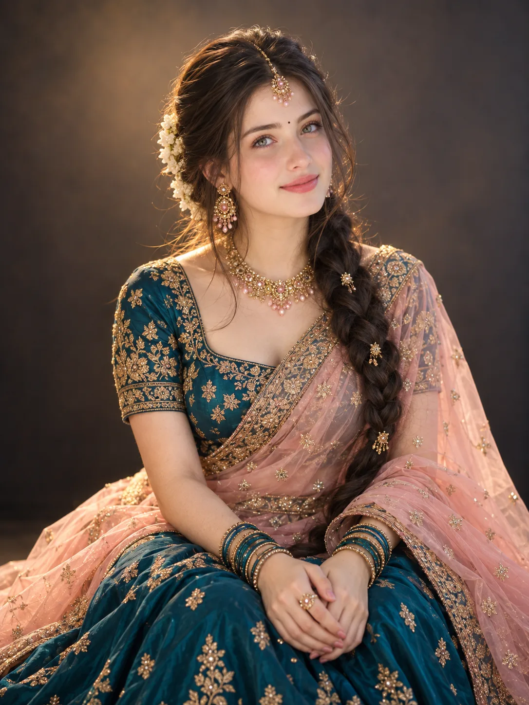Create an ultra-realistic, premium cinematic portrait of a beautiful young South Asian Indian woman sitting gracefully and facing the