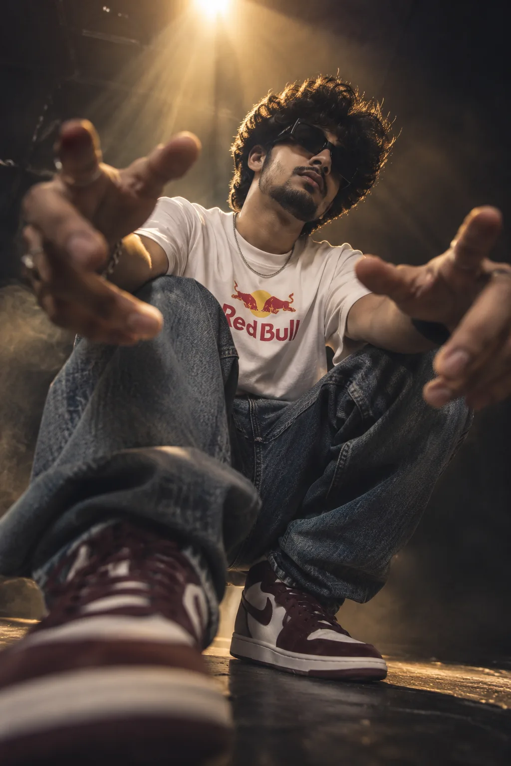 A cinematic, low-angle, close-up portrait of a stylish young man with curly dark hair, wearing black sunglasses and a white Red Bull