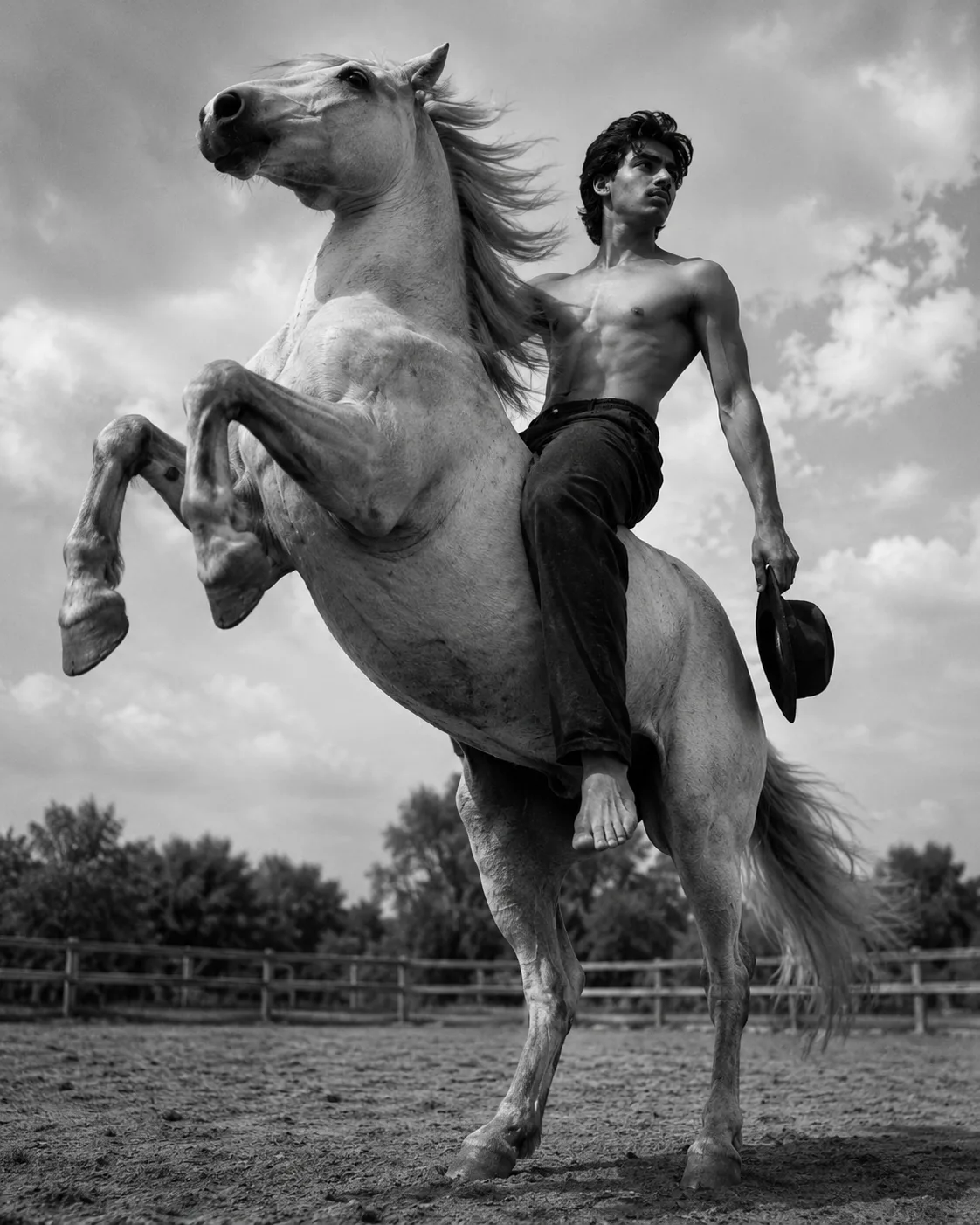 Create a highly realistic vintage black-and-white cinematic photograph of a young adult man riding a powerful horse in an outdoor
