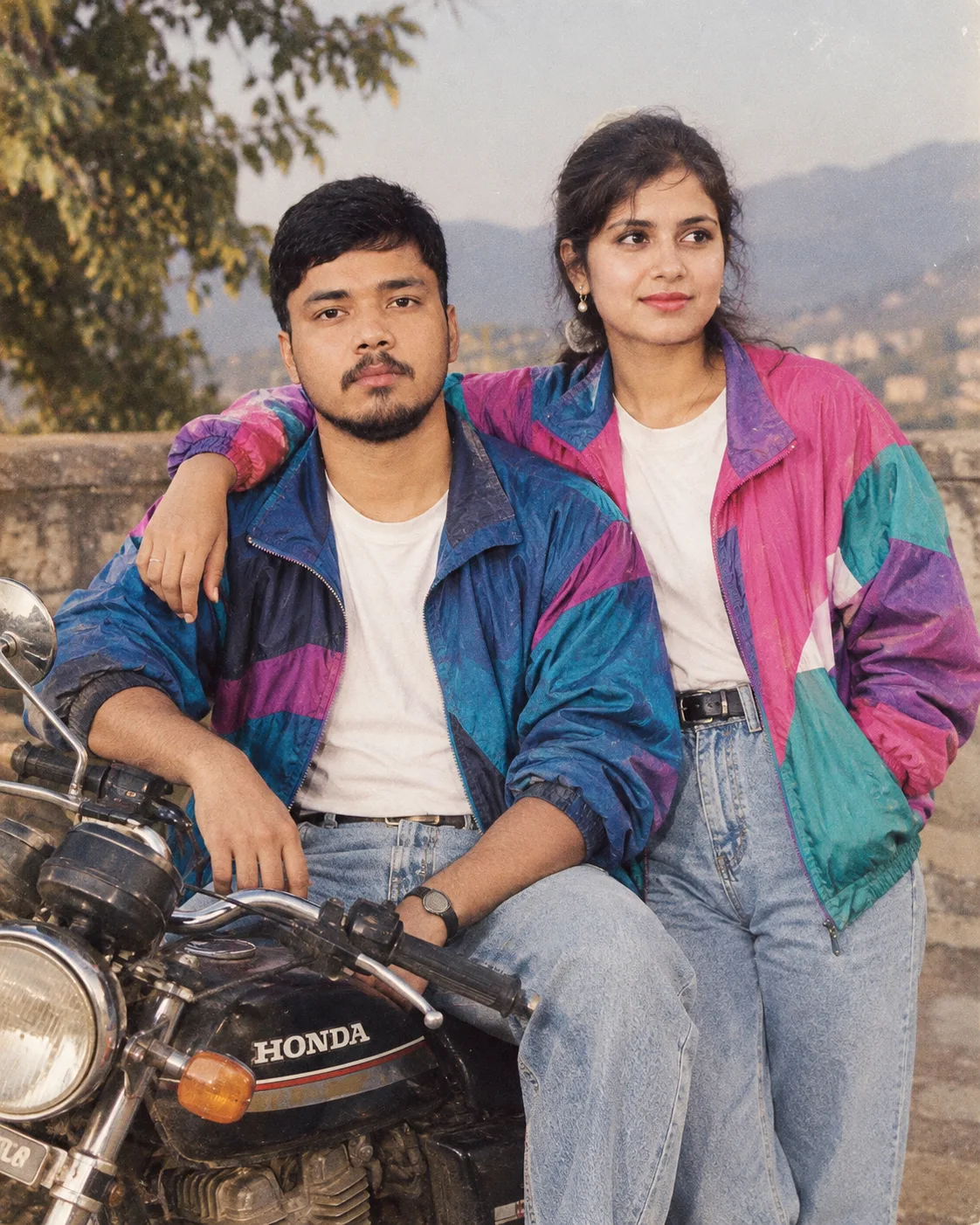 Create an ultra-realistic cinematic retro 1980s-style couple photograph using the uploaded photos as the exact facial identity references