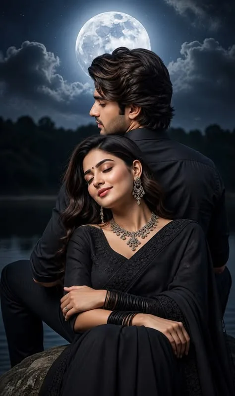 A highly detailed, photorealistic cinematic portrait of a romantic South Asian couple posing together outdoors at night.