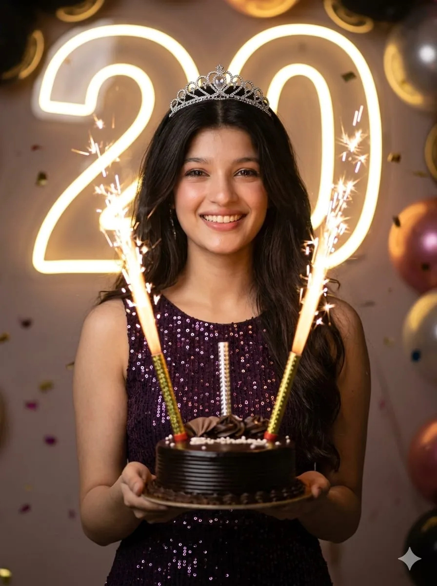 Prompt: Create a photorealistic cinematic birthday portrait of a young woman celebrating her 20th birthday.