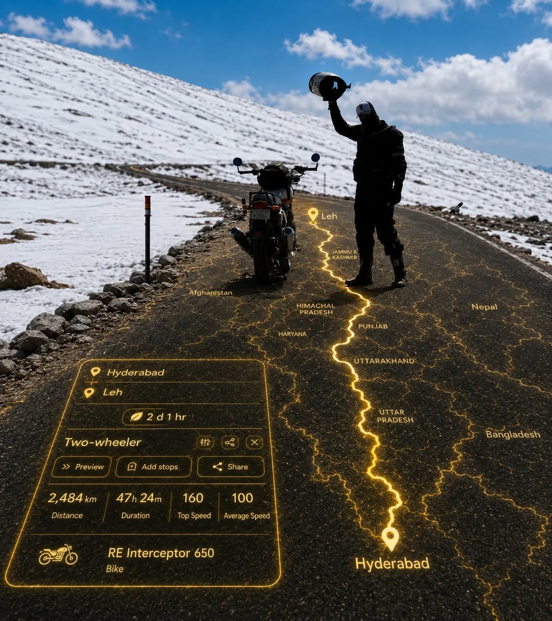 Create a cinematic biker travel poster using the uploaded reference image exactly as the base composition.