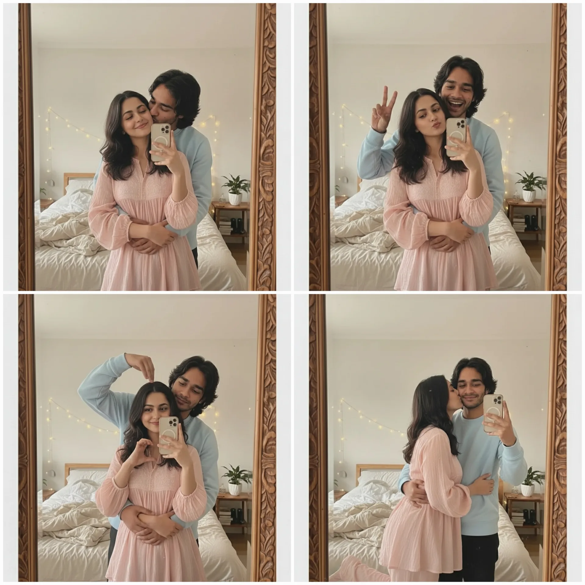 A 2x2 grid collage of four realistic mirror selfies of a young South Asian couple in a cozy bedroom.