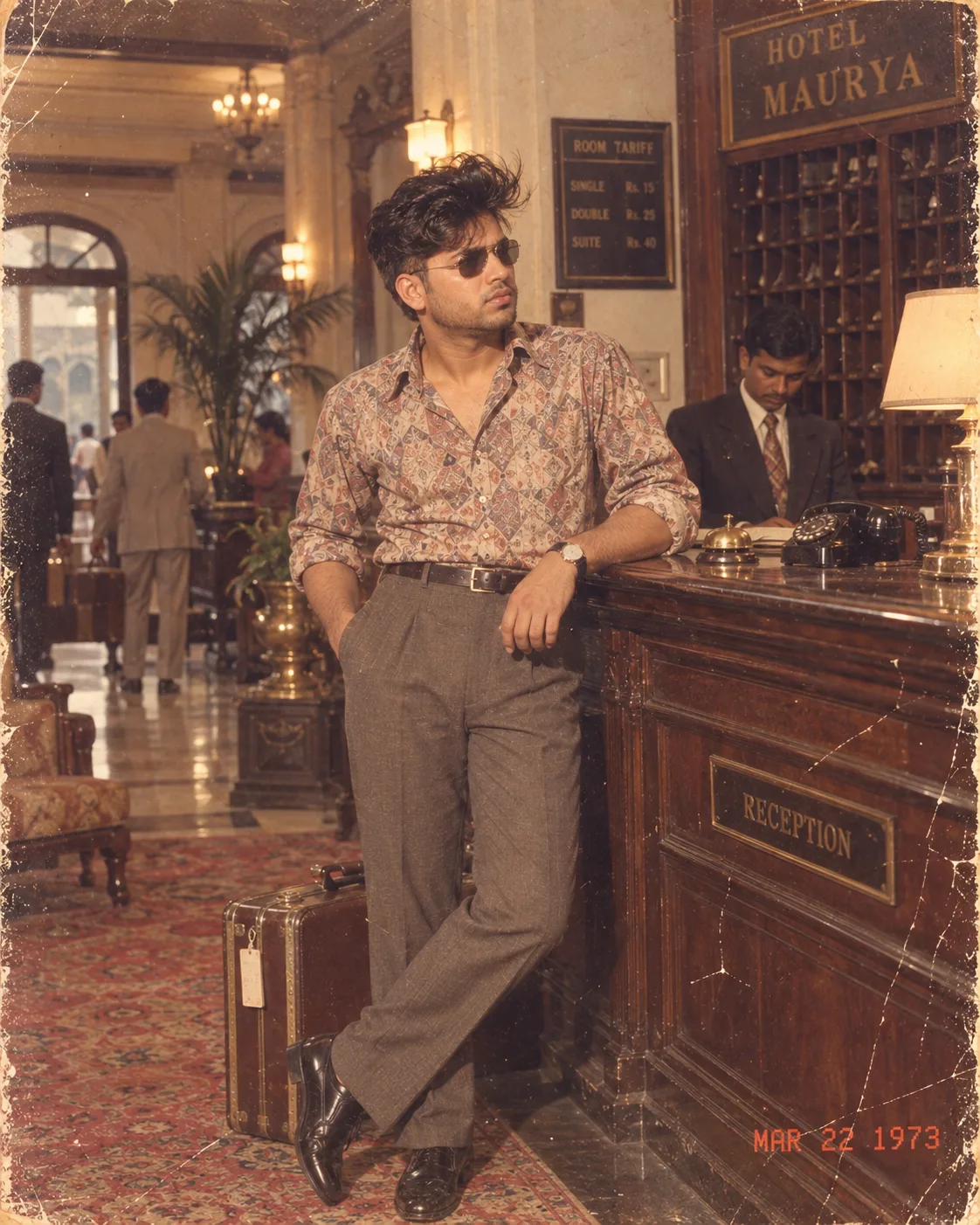 Using my uploaded photo as the primary identity reference, recreate me standing inside a grand but slightly worn Indian hotel lobby during