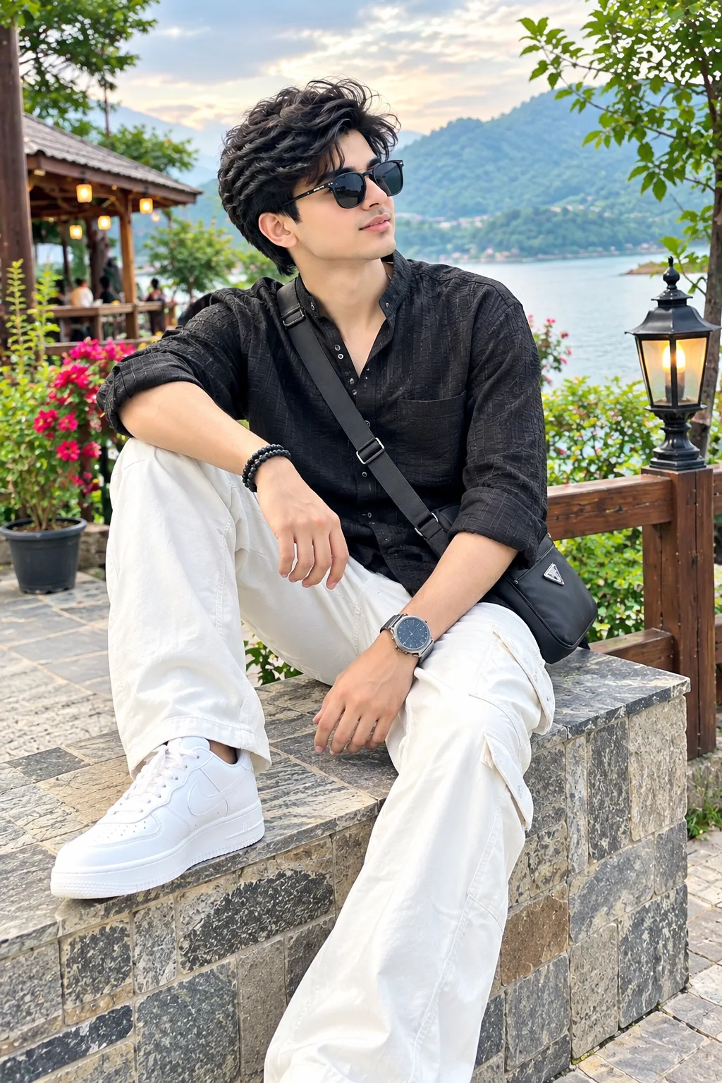 A stylish young South Asian man wearing a textured black shirt, white cargo pants, white sneakers, black sunglasses, a luxury wristwatch,