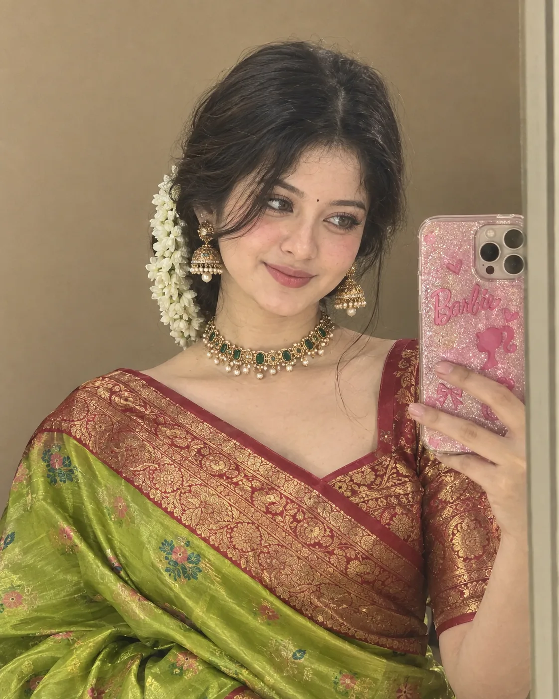 A captivating, hyper-realistic portrait of a radiant young South Asian woman captured in a mirror selfie, focusing intently on the