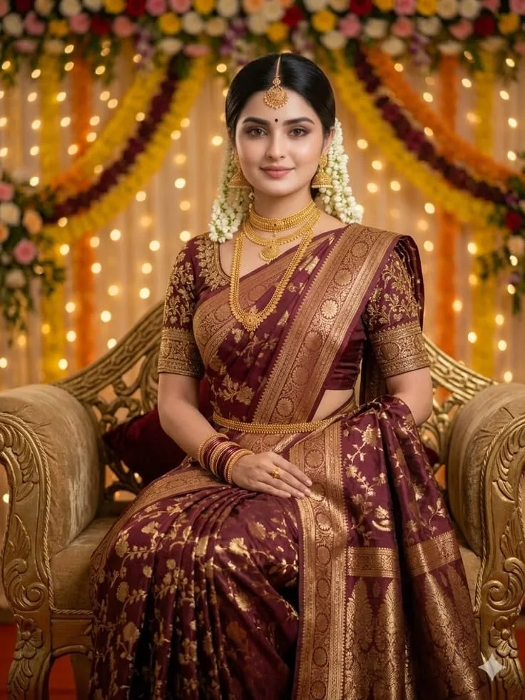 Prompt A full-length portrait of a beautiful South Asian bride seated gracefully on an ornate gold carved wooden chair, looking directly at