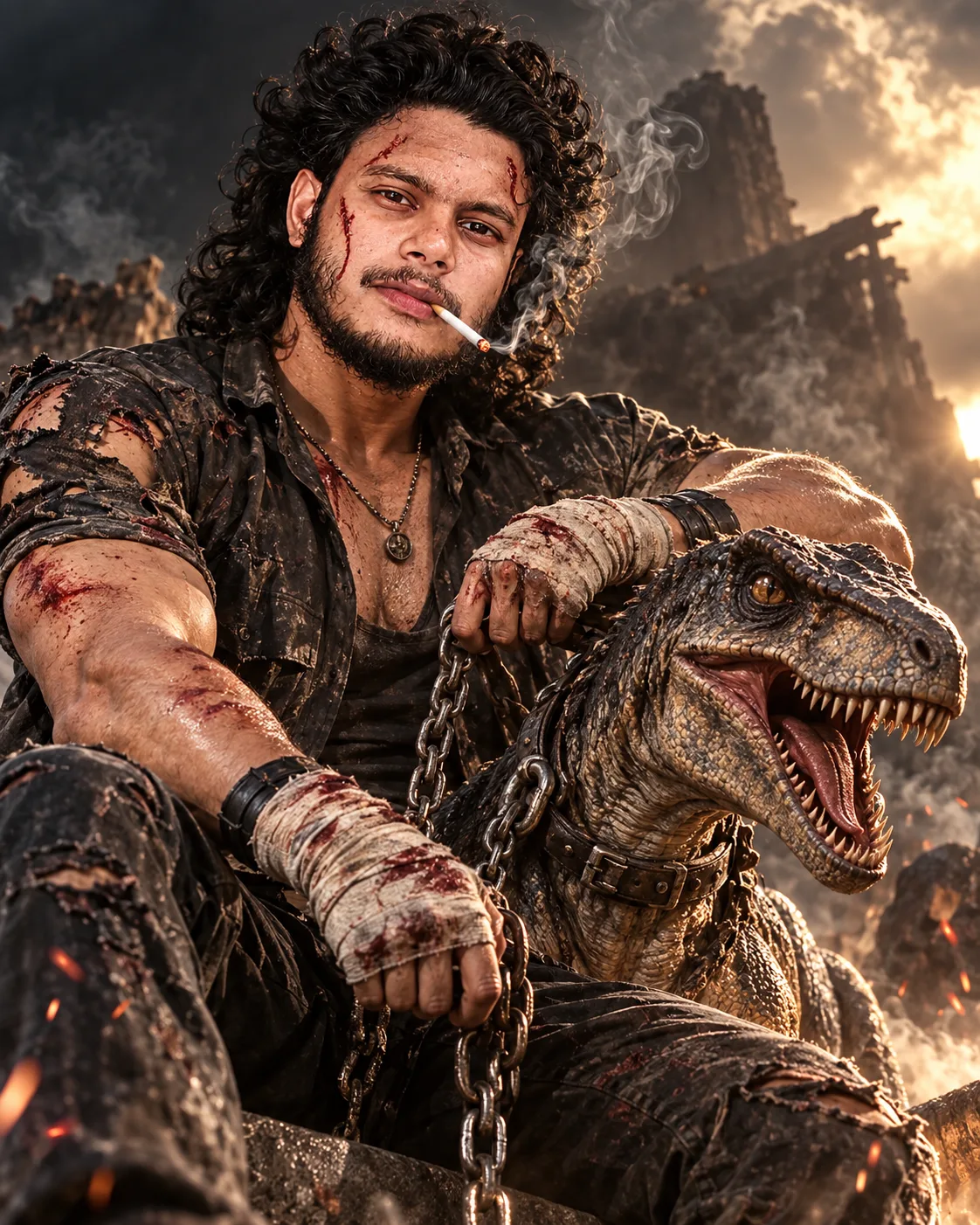 Create an ultra-realistic, cinematic action-fantasy portrait of a rugged young South Asian/Indian warrior sitting confidently beside and