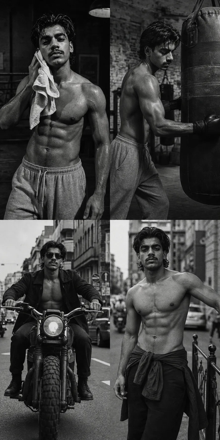 Create a high-end black-and-white editorial fashion/fitness photography collage, arranged as a 2×2 grid of four separate photographs