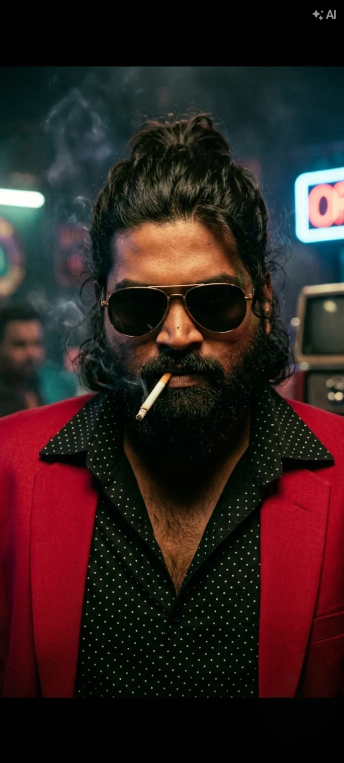 A cinematic medium close-up portrait of a charismatic, intense South Asian man with a thick full beard and long wavy dark hair tied back.