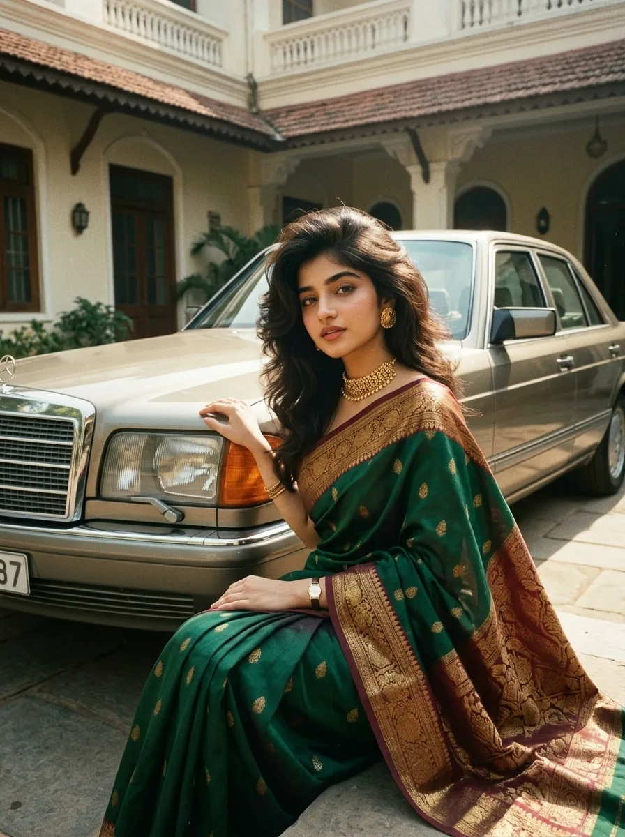 Create an authentic late-1980s South Asian luxury portrait using the uploaded girl’s photograph as the EXACT identity reference.