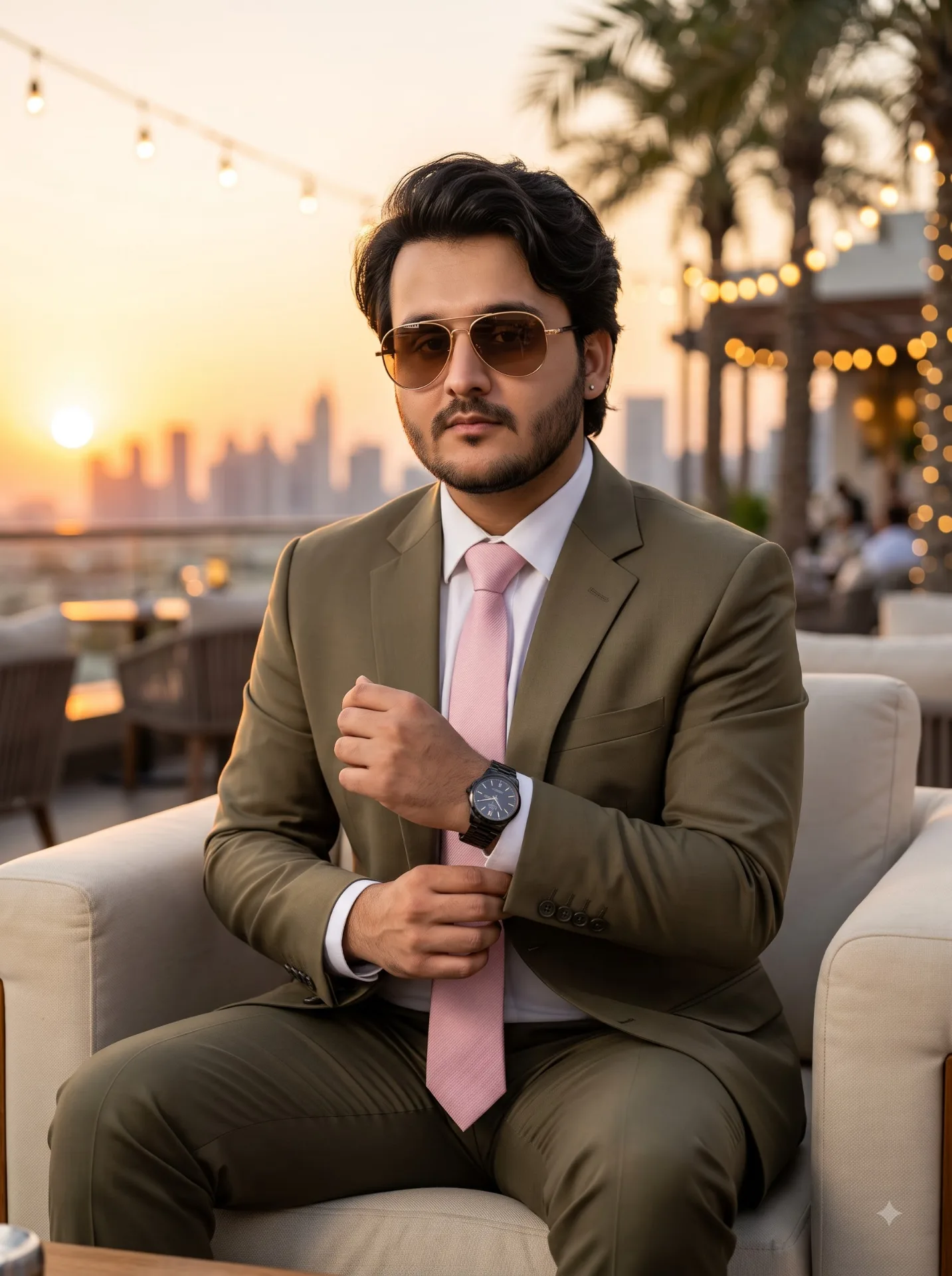 Create an ultra-realistic cinematic luxury lifestyle portrait of a handsome young South Asian man sitting elegantly on a premium