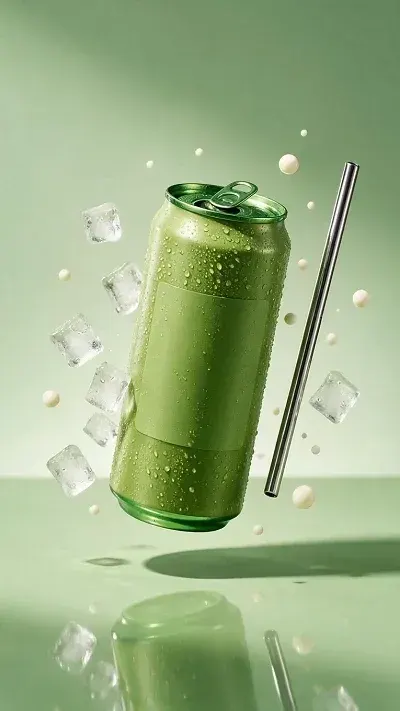 Create a high-end beverage campaign with an iced matcha can floating above a glossy pistachio-green table.