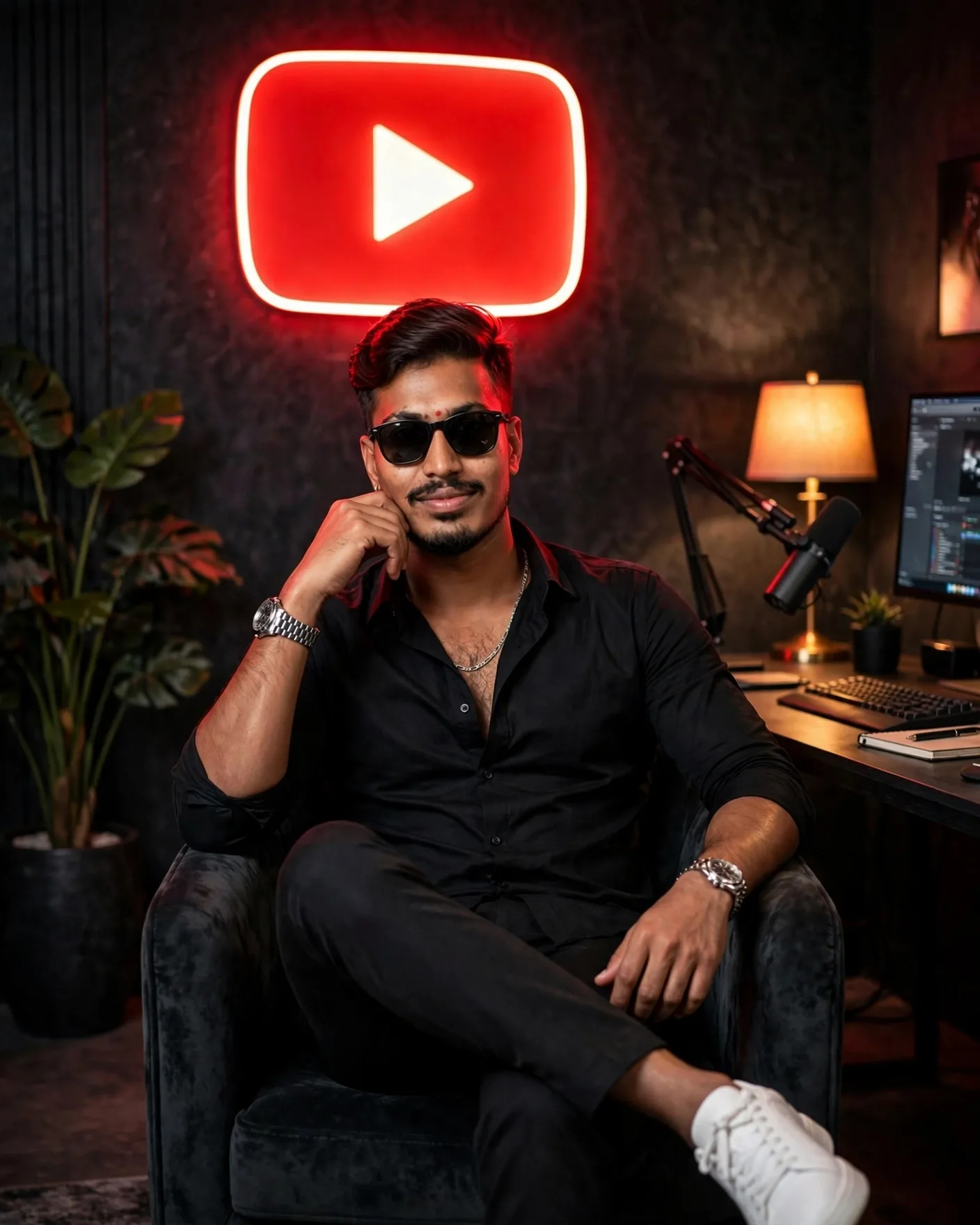 Create a highly realistic, premium cinematic portrait of a stylish young South Asian man sitting confidently on a modern dark armchair.