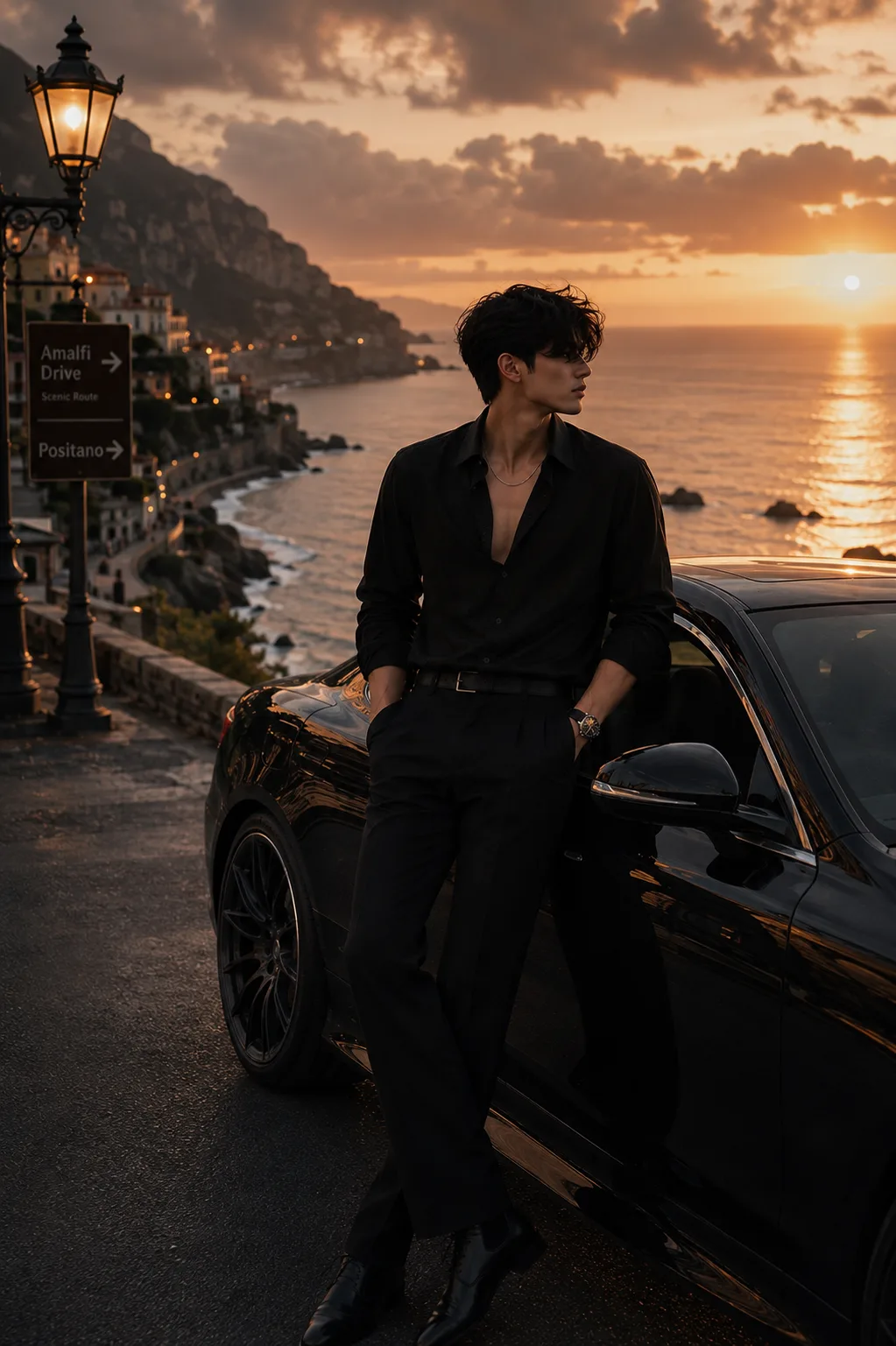 A sophisticated, cinematic luxury fashion editorial portrait featuring a stylish young adult man standing effortlessly beside a sleek,