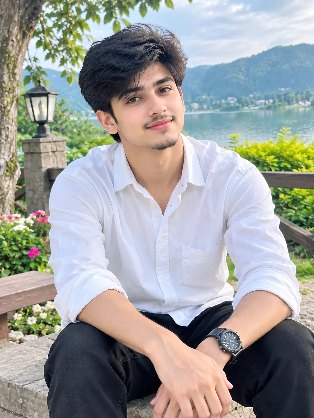 A handsome young South Asian man wearing a crisp white shirt, black trousers, and a stylish black wristwatch.