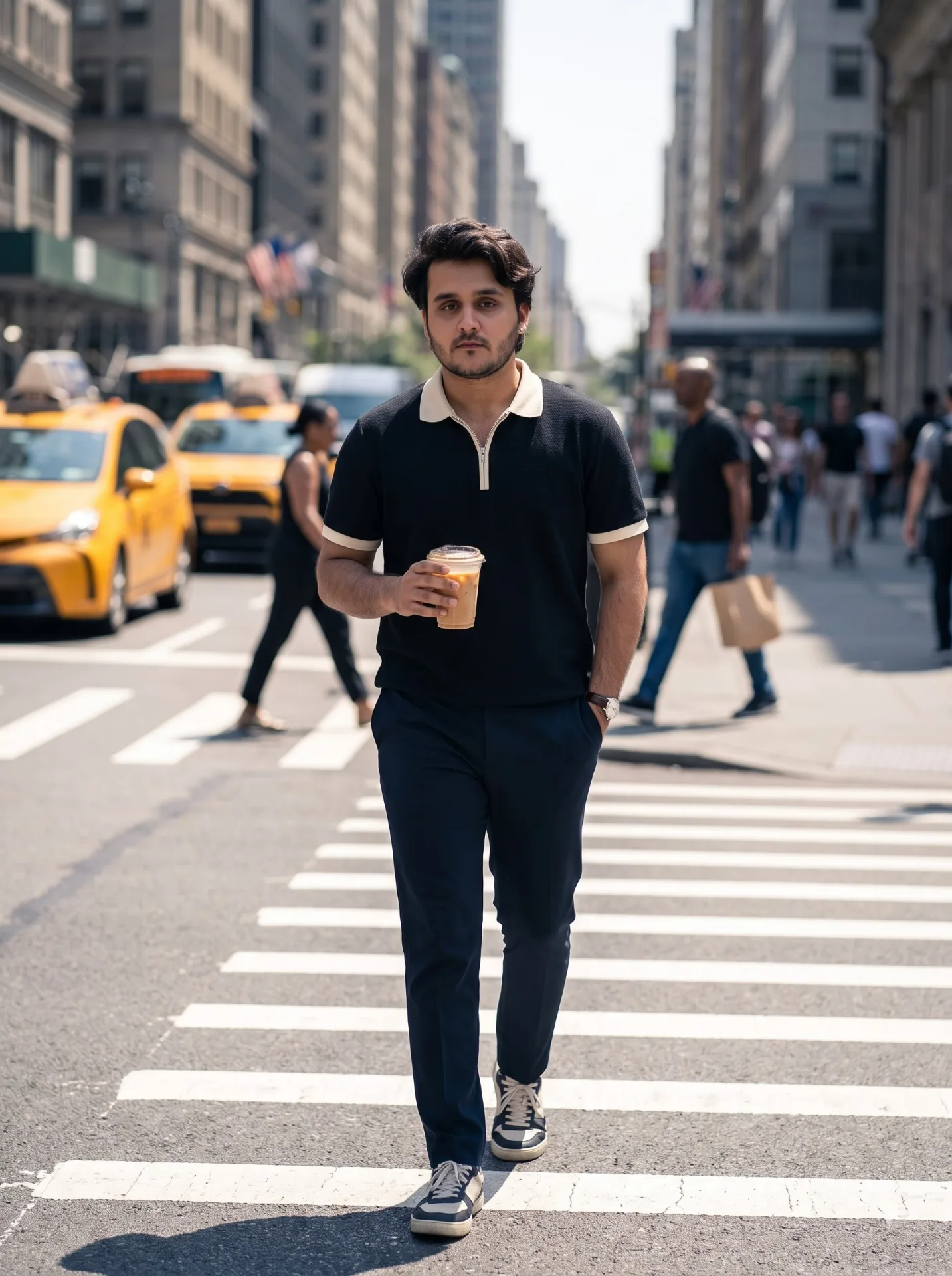 Create an ultra-realistic 4:5 street editorial photo.