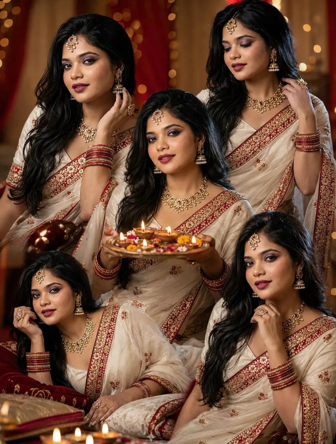 Ultra-realistic full-body portrait of a beautiful young South Asian woman smiling joyfully with her eyes gently closed, standing gracefully