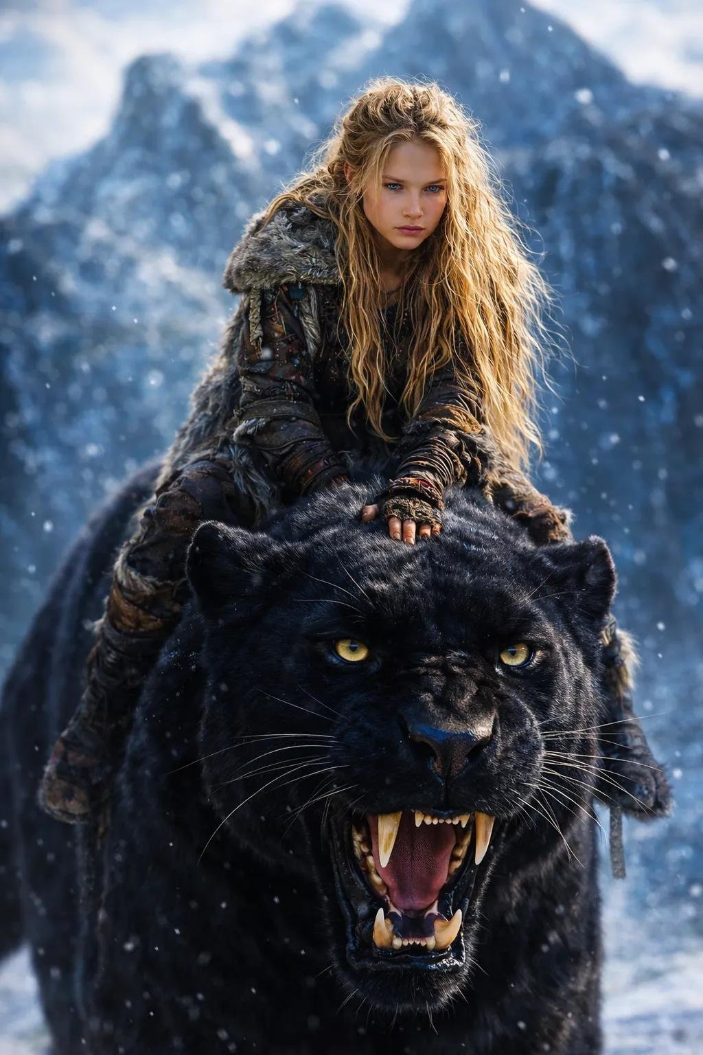 A fierce fantasy warrior woman with long, wind-tangled blonde hair rides atop a massive saber-toothed lion in a frozen mountain landscape.
