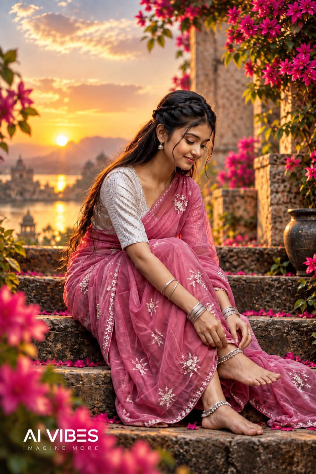 Create a premium vertical 4:5 cinematic saree fashion portrait featuring a completely new and unique South Asian woman, with an original
