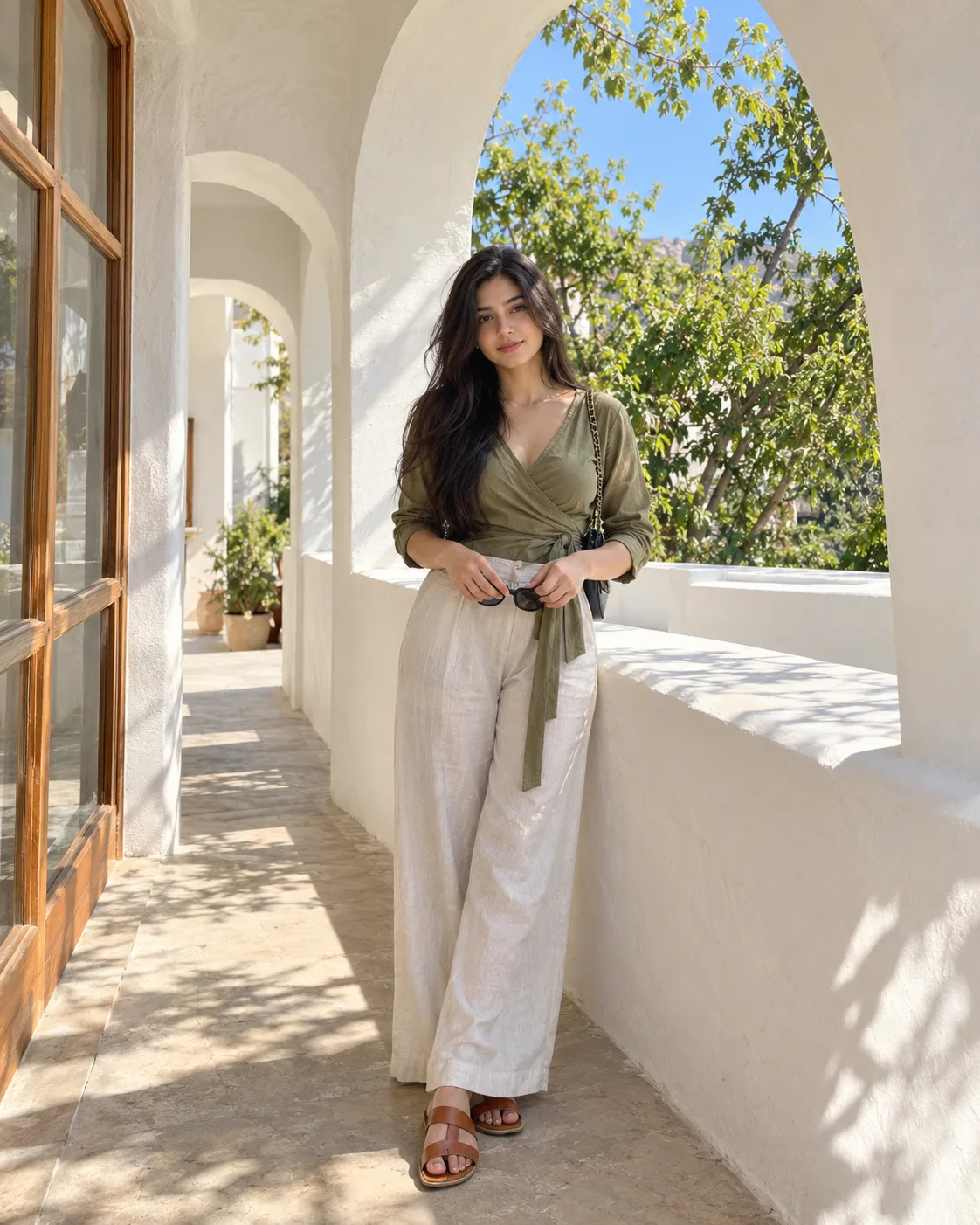 Create an ultra-realistic, high-resolution vertical lifestyle fashion photograph of a young adult South Asian woman standing in a bright