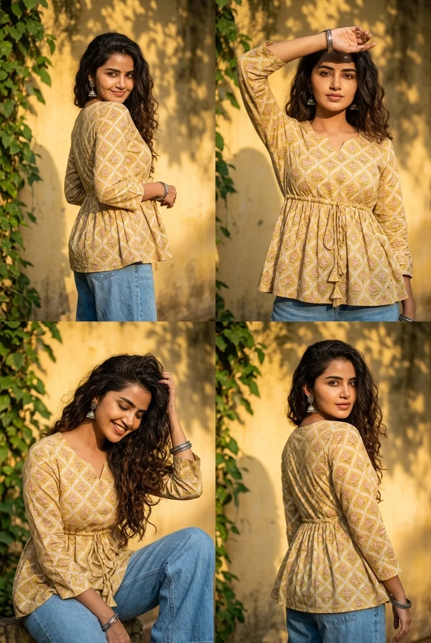 Create a single vertical fashion photograph divided into four equal portrait frames, featuring the same beautiful Indian woman consistently