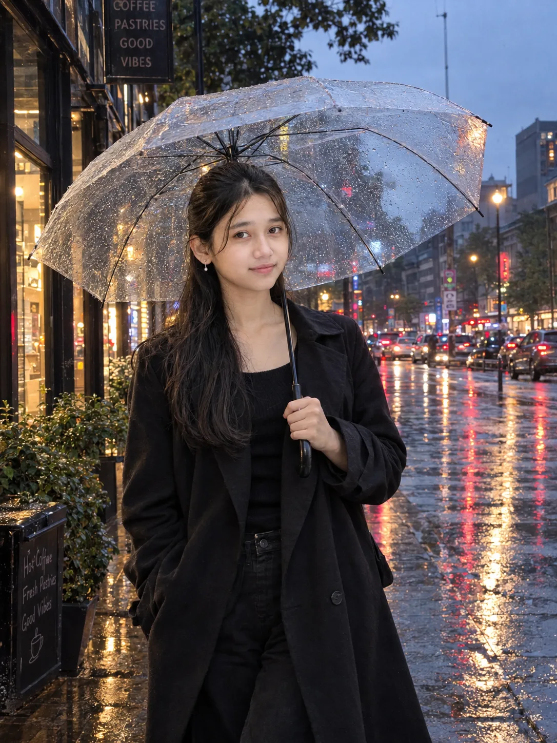 Ultra realistic cinematic photograph of a young woman standing on a rainy city street during evening, shot on a real DSLR camera.