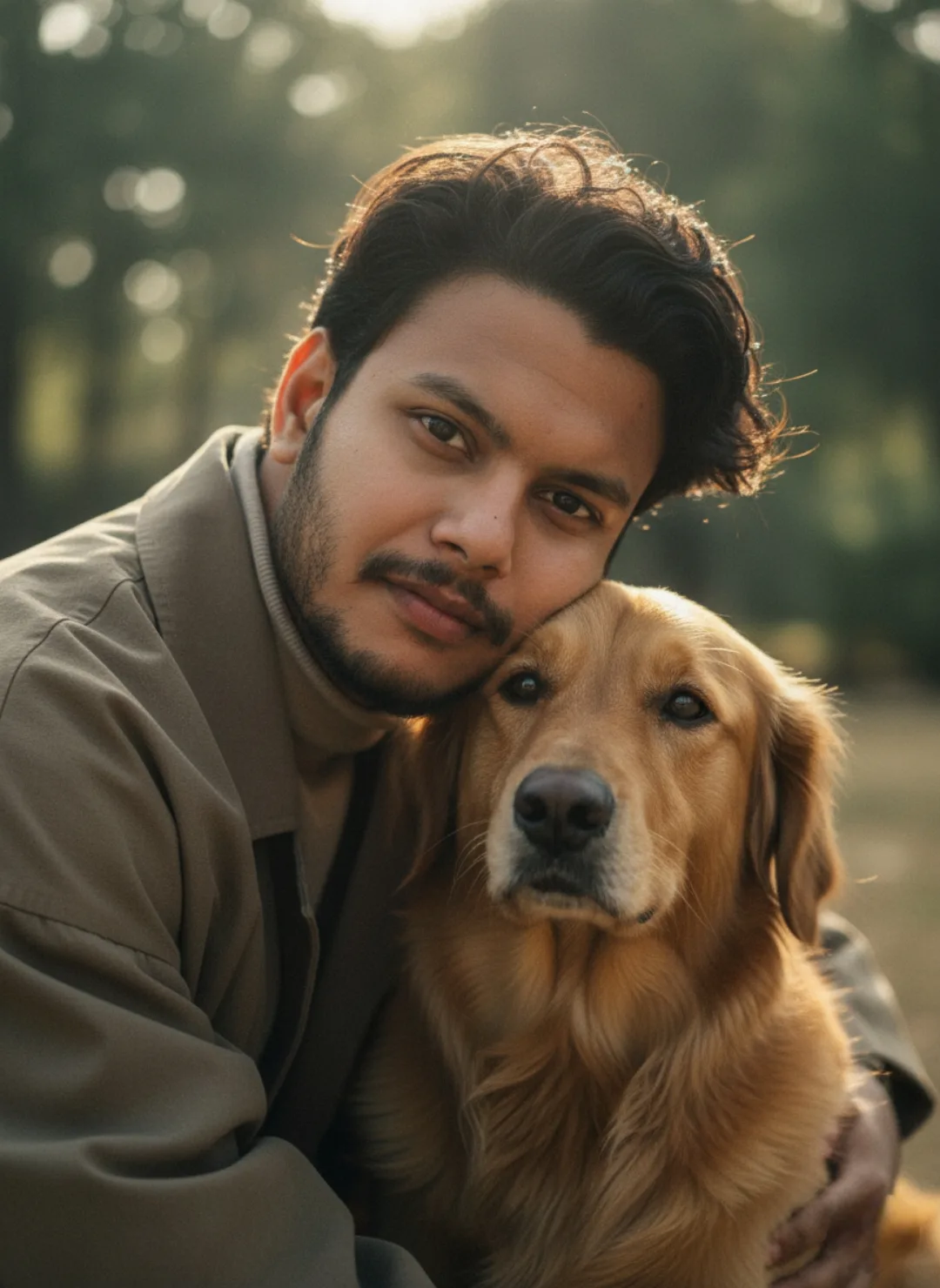 cinematic, realistic medium shot of a 26-year-old Indian man with a warm, gentle expression, leaning his head affectionately against a