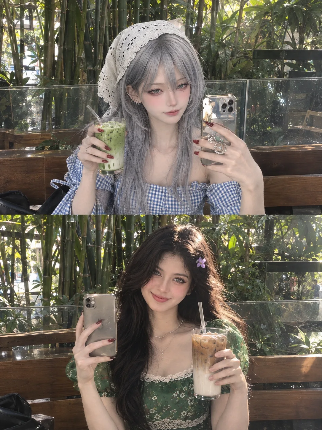 Subject 1: Girl in the image Subject 2: Girl in the image A hyper-realistic, two-panel iPhone portrait captures Subject 1 and Subject 2