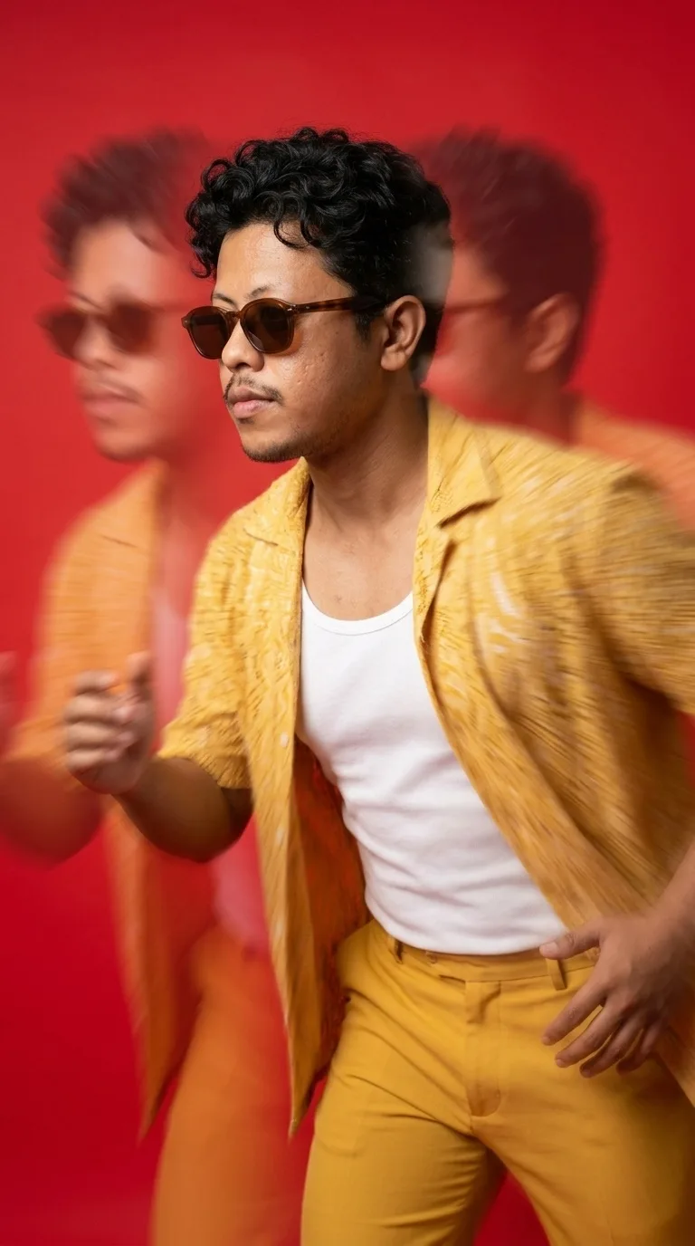 PROMRJ A close-up studio portrait of a young man with dark, curly hair and brown sunglasses, wearing an open yellow patterned short-sleeve