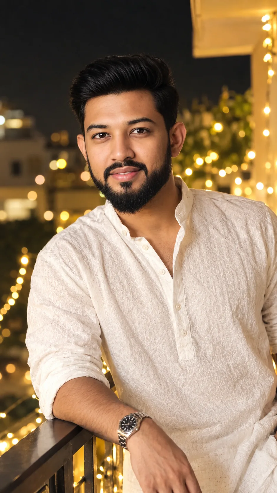 A professional portrait of an a 28 years old man with a sharp haircut and beard, wearing a white textured cotton ethnic kurta.