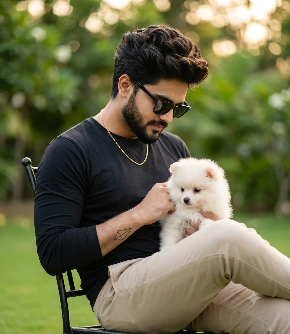 A candid aesthetic lifestyle portrait of a handsome young South Asian man with voluminous textured dark hair and a perfectly groomed thick